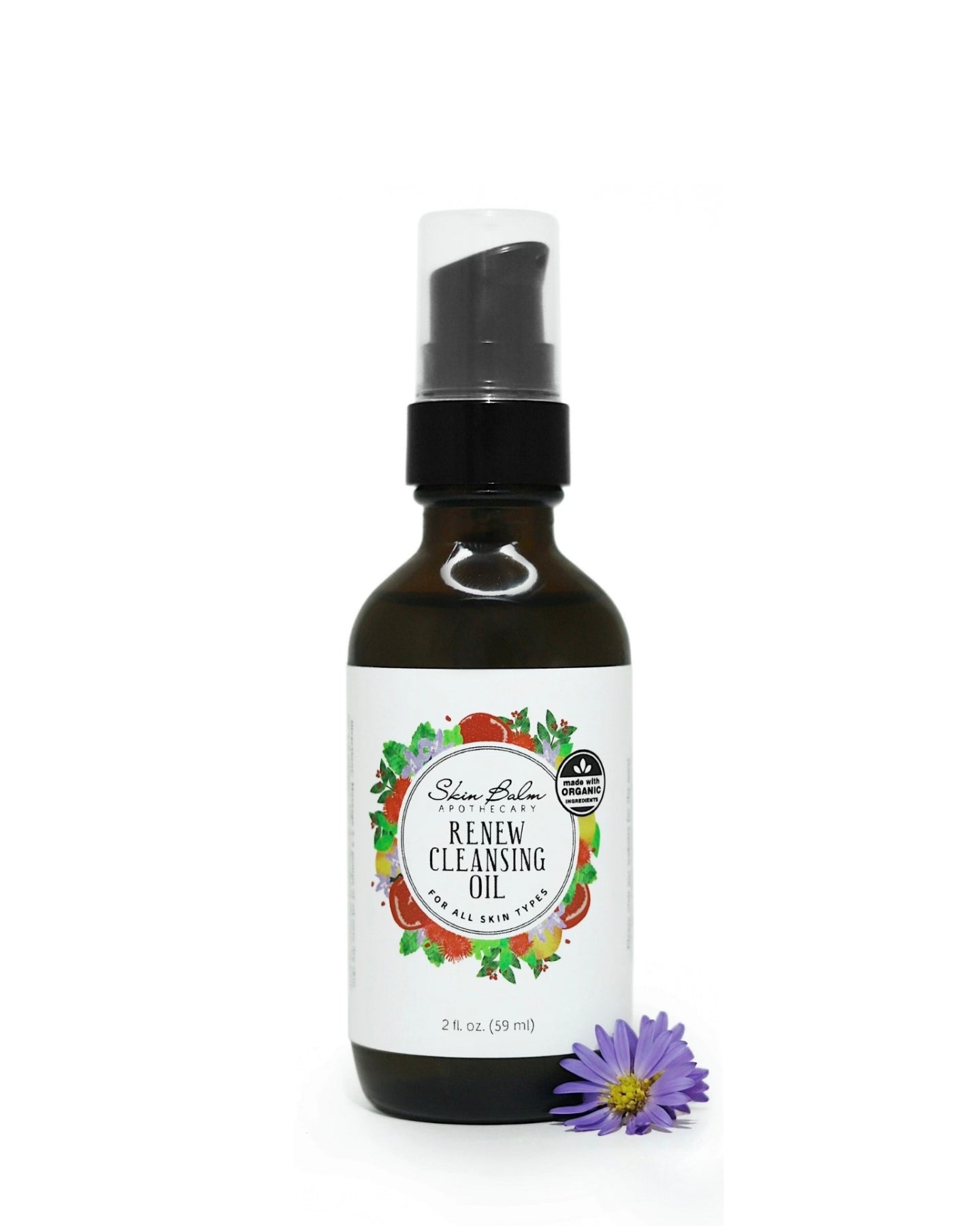 Renew Cleansing Oil with a violet flower against a white background.